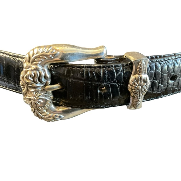 Brighton Black Croc-Embossed Leather Belt Silver Floral Buckle Accents main image 5